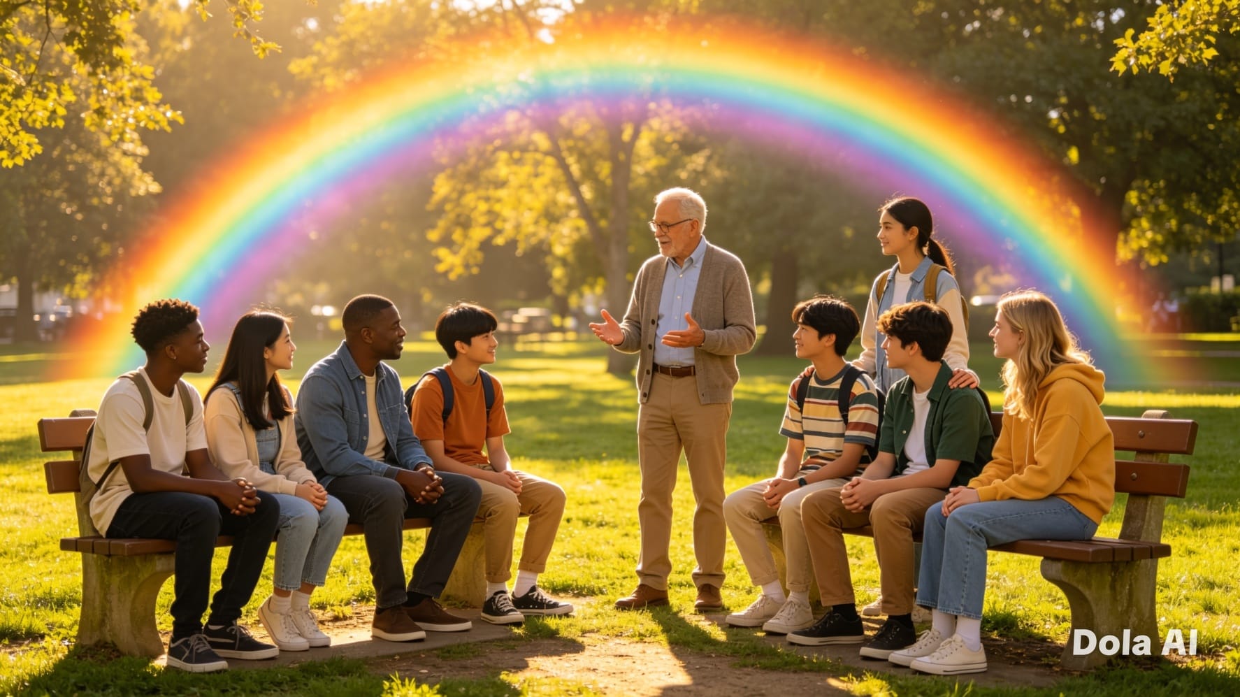 Youth counselling — diverse young people gathered with a pastor under a rainbow in a park
